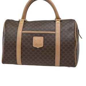 Authentic CELINE Logo Macadam Pattern Boston Bag PVC Leather Brown